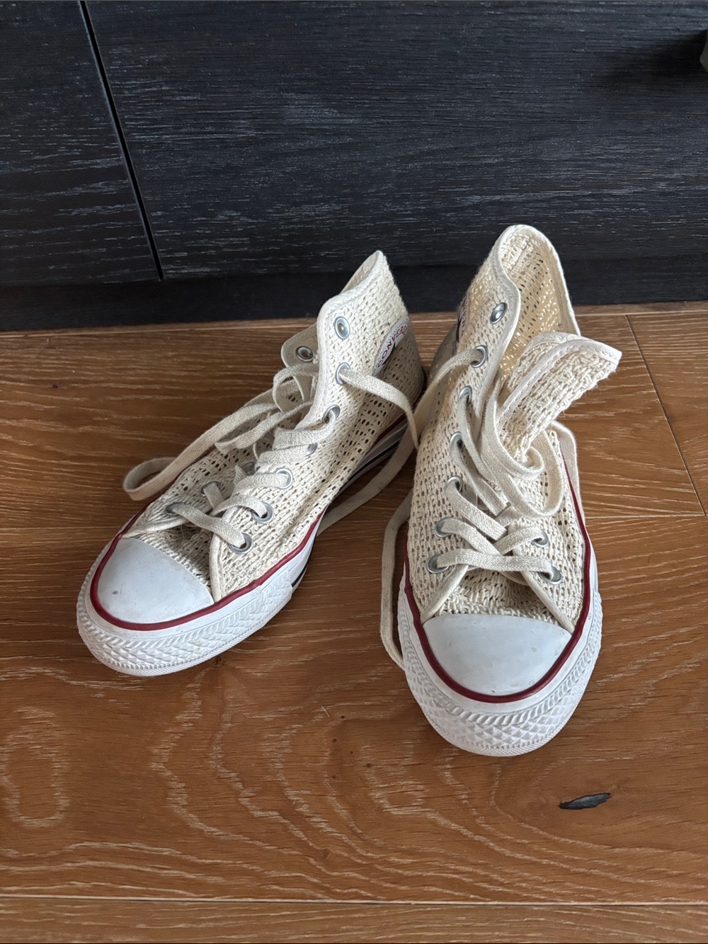 Converse Beige Crochet High-Top Sneakers with Red Trim